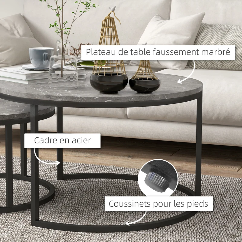 Lot de 2 tables basses gigognes encastrables salon 78,5 x 78,5 x 46,5 cm gain de place design industriel en MDF gris 21_0001811