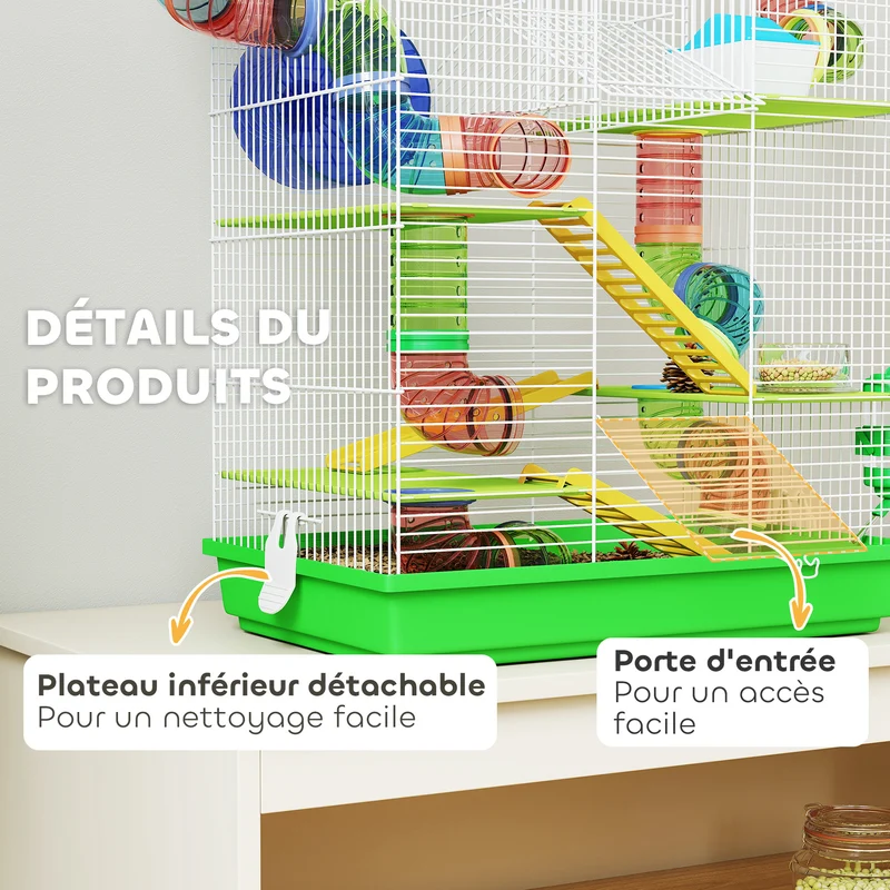 Cage pour hamsters souris rongeurs équipée grande porte 47 x 30 x 59 cm 2 étages espace de jeu moderne en métal vert 21_0007908