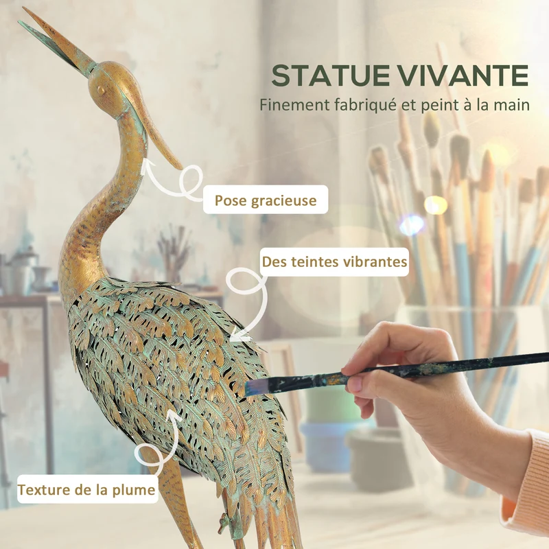 Statue de jardin héron 39 x 17 x 90 cm résiste aux intempéries stabilité piquets en u contemporain design en métal gris 21_0005683