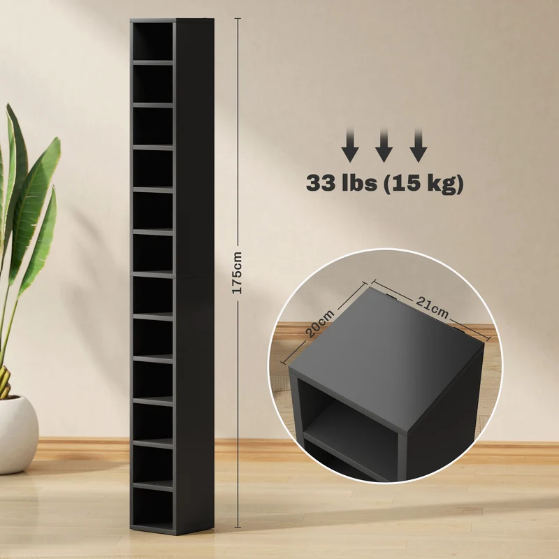 Meuble de rangement colonne cd dvd 21 x 20 x 175 cm capacité 204 cd gain de place anti basculement épuré en MDF noir 21_0001695