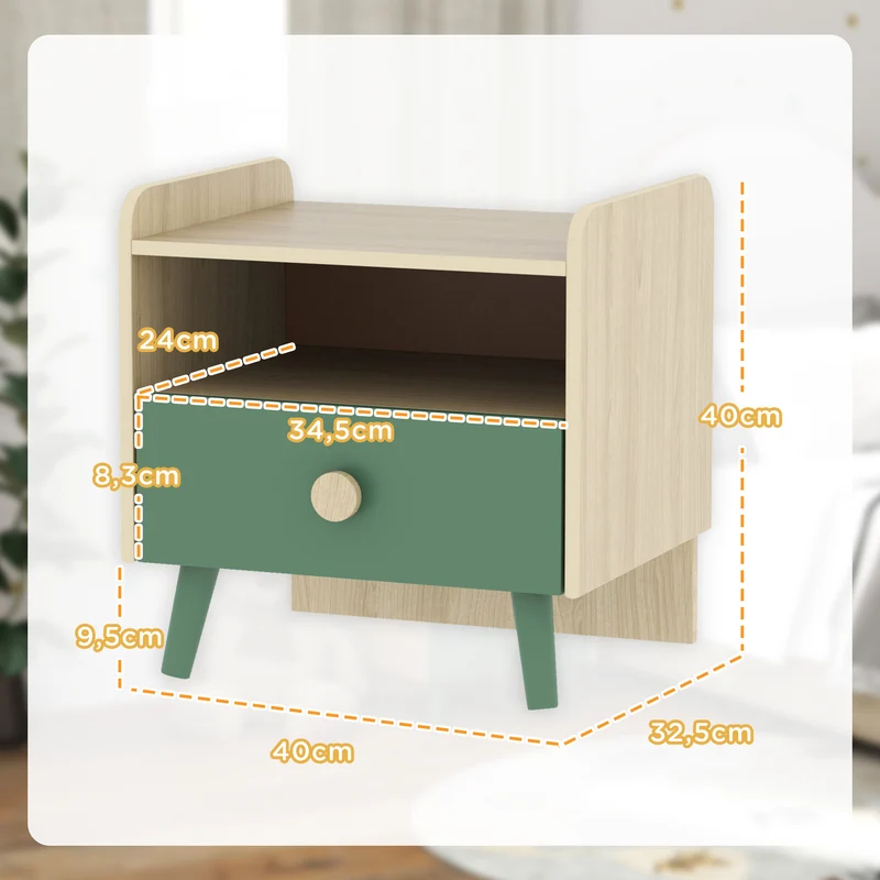 Table de chevet enfant 40 x 32,5 x 40 cm rangement tiroir et niche gain de place style scandinave épuré idéal en MDF vert 21_0000257