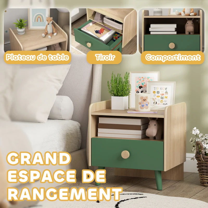 Table de chevet enfant 40 x 32,5 x 40 cm rangement tiroir et niche gain de place style scandinave épuré idéal en MDF vert 21_0000257