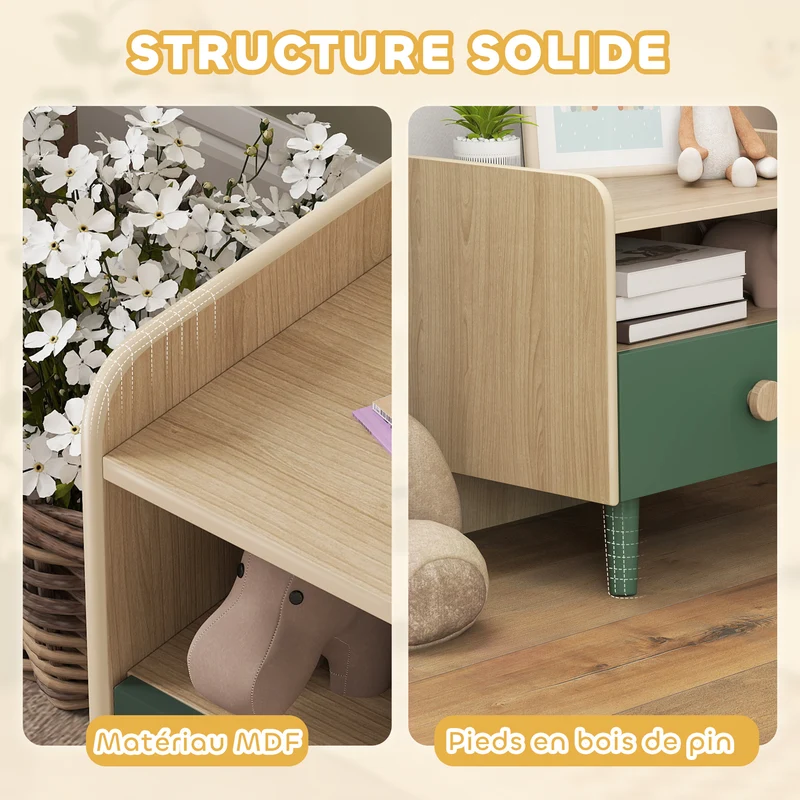 Table de chevet enfant 40 x 32,5 x 40 cm rangement tiroir et niche gain de place style scandinave épuré idéal en MDF vert 21_0000257