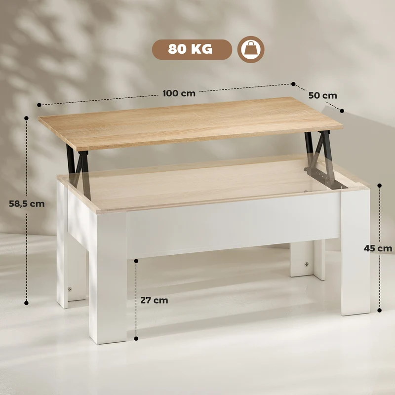 Table basse relevable salon 100 x 50 x 45 cm rangement caché transformable moderne épuré en panneau de particules blanc 21_0003032
