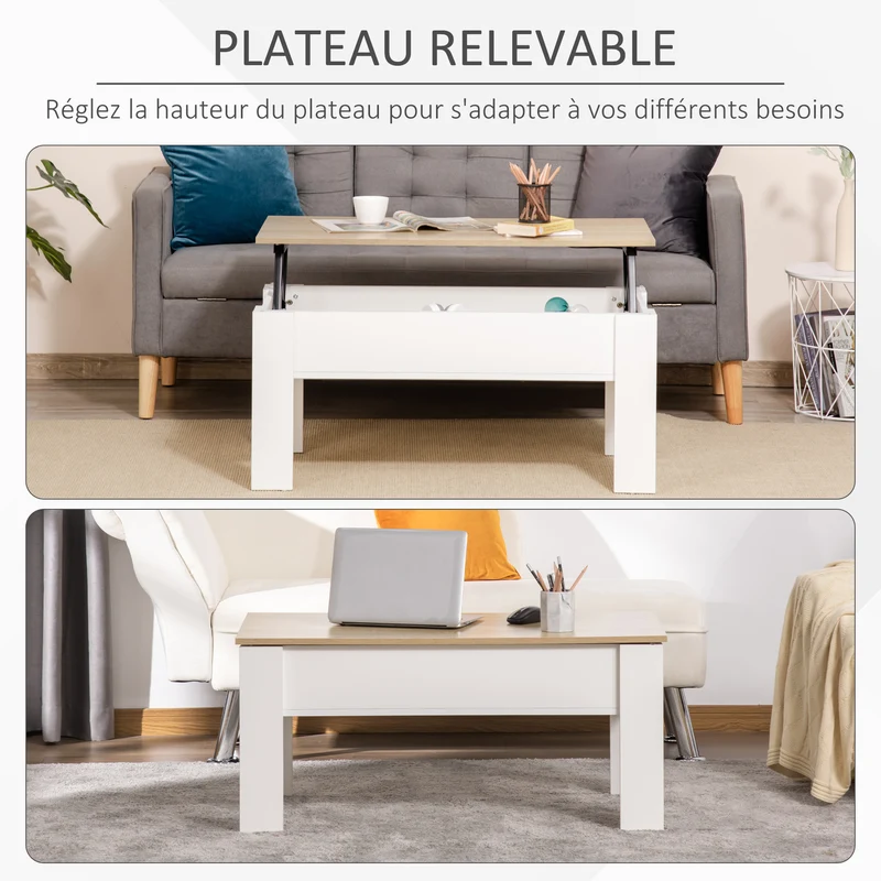 Table basse relevable salon 100 x 50 x 45 cm rangement caché transformable moderne épuré en panneau de particules blanc 21_0003032