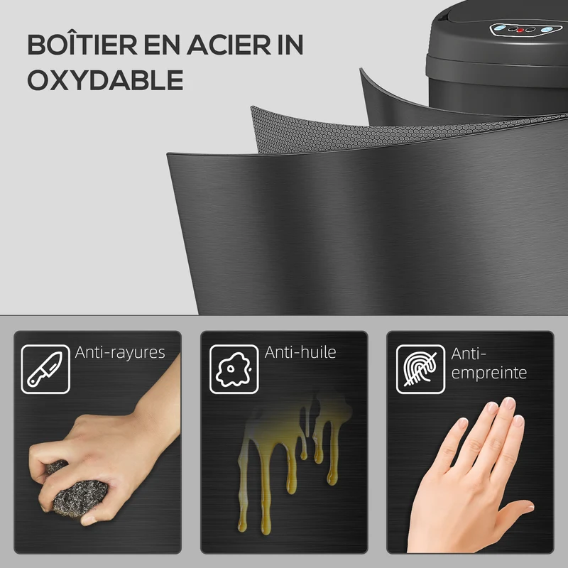 Poubelle de cuisine à capteur 30,5 x 30,5 x 85 cm ouverture sans contact fermeture douce épuré en acier inoxydable noir 21_0005926