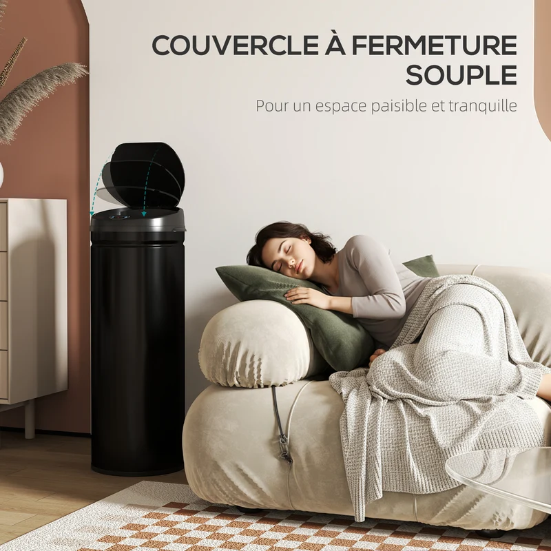 Poubelle de cuisine à capteur 30,5 x 30,5 x 85 cm ouverture sans contact fermeture douce épuré en acier inoxydable noir 21_0005926