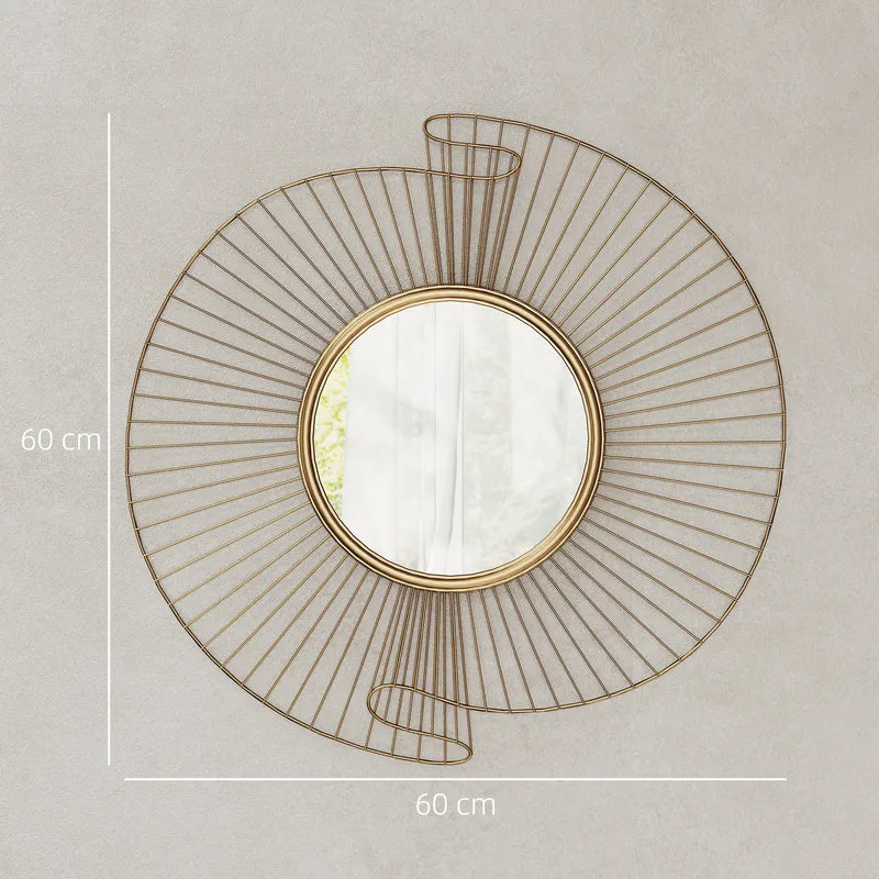 Miroir décoratif rond mural 60 x 60 x 3,2 cm suspension à 360° cadre plissé design moderne salon chambre en métal doré 21_0003707