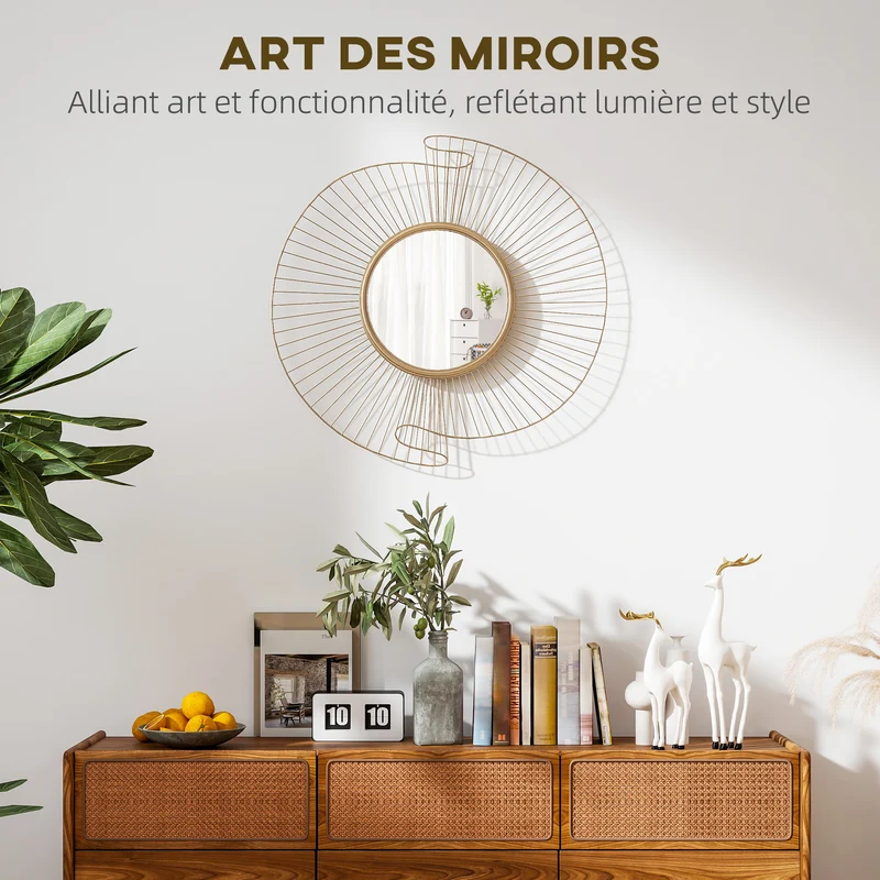 Miroir décoratif rond mural 60 x 60 x 3,2 cm suspension à 360° cadre plissé design moderne salon chambre en métal doré 21_0003707