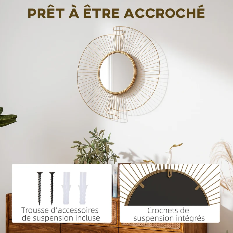 Miroir décoratif rond mural 60 x 60 x 3,2 cm suspension à 360° cadre plissé design moderne salon chambre en métal doré 21_0003707