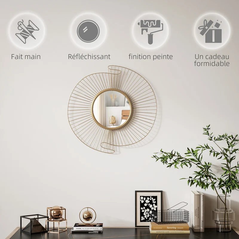 Miroir décoratif rond mural 60 x 60 x 3,2 cm suspension à 360° cadre plissé design moderne salon chambre en métal doré 21_0003707