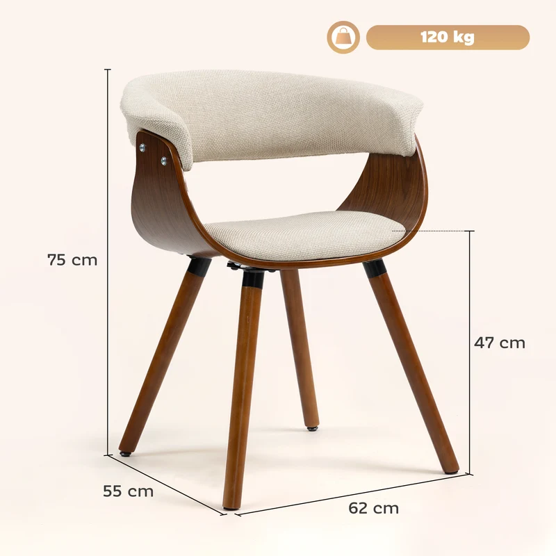 Lot de 2 chaises de salle à manger rembourrées dossier incurvé 62 x 55 x 75 cm assise ergonomique design en tissu beige 21_0003305
