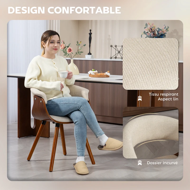 Lot de 2 chaises de salle à manger rembourrées dossier incurvé 62 x 55 x 75 cm assise ergonomique design en tissu beige 21_0003305