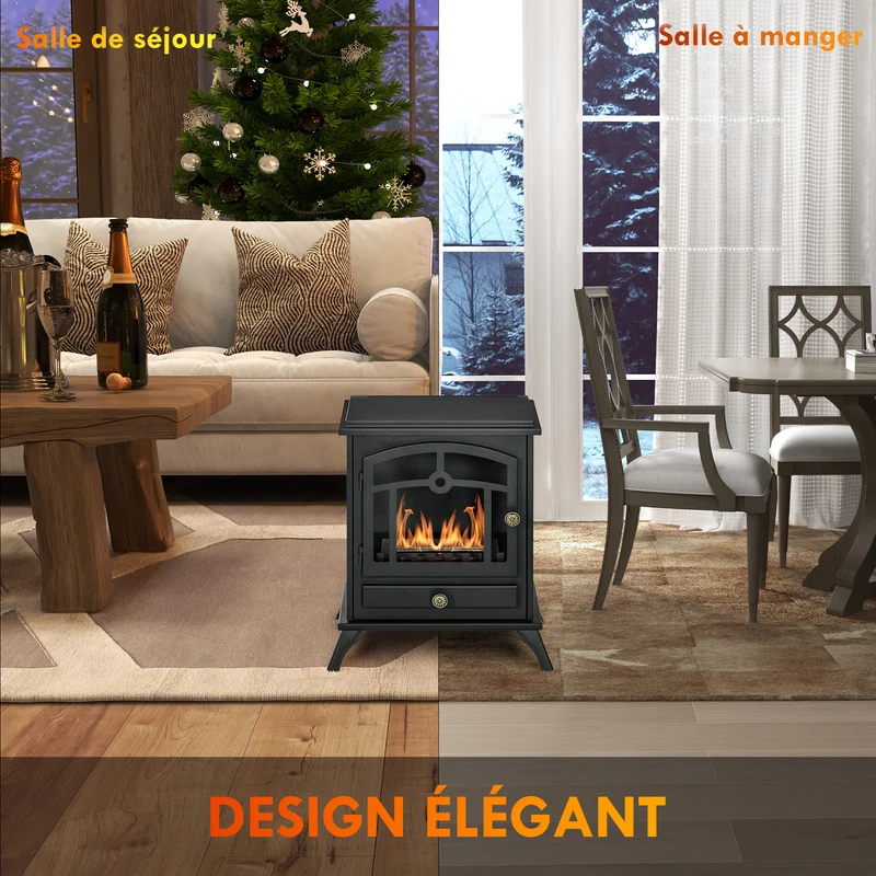 Cheminée bioéthanol sur pied 45 x 28 x 54 cm chauffe 20-25 m² sans fumée ambiance cosy rustique design en acier noir 21_0001133