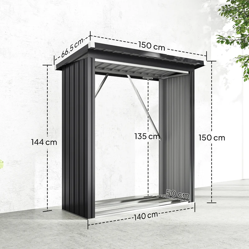 Abri-bûches couvert jardin 150 x 66,5 x 150 cm plancher surélevé toit incliné industriel en acier galvanisé gris foncé 21_0005580