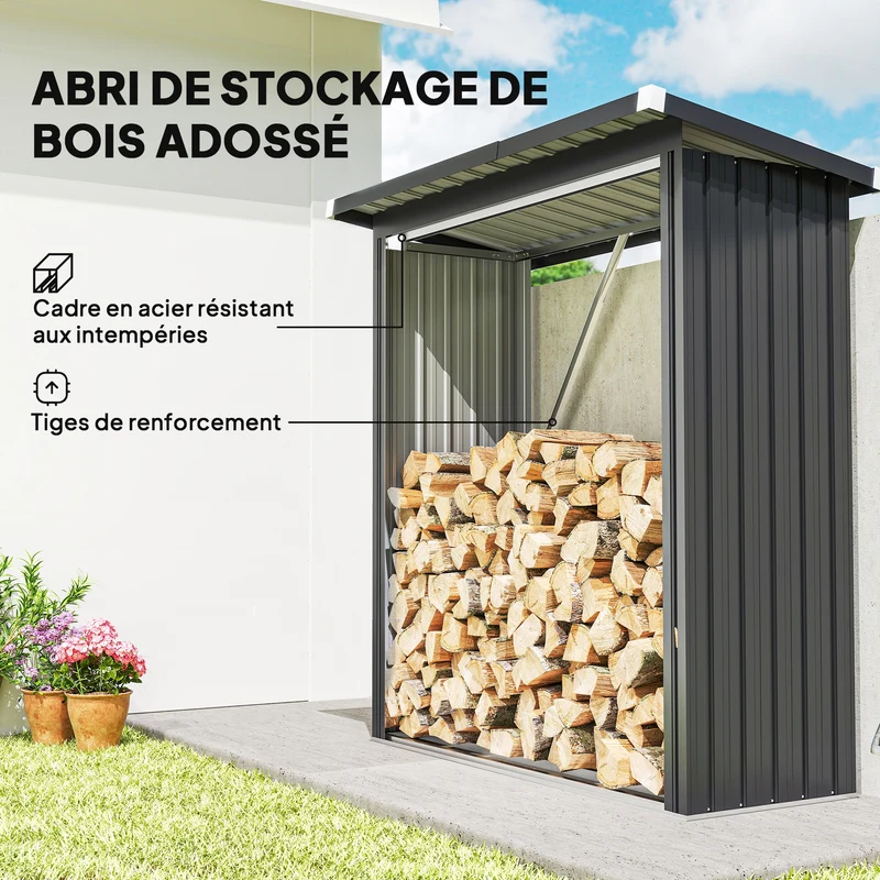Abri-bûches couvert jardin 150 x 66,5 x 150 cm plancher surélevé toit incliné industriel en acier galvanisé gris foncé 21_0005580