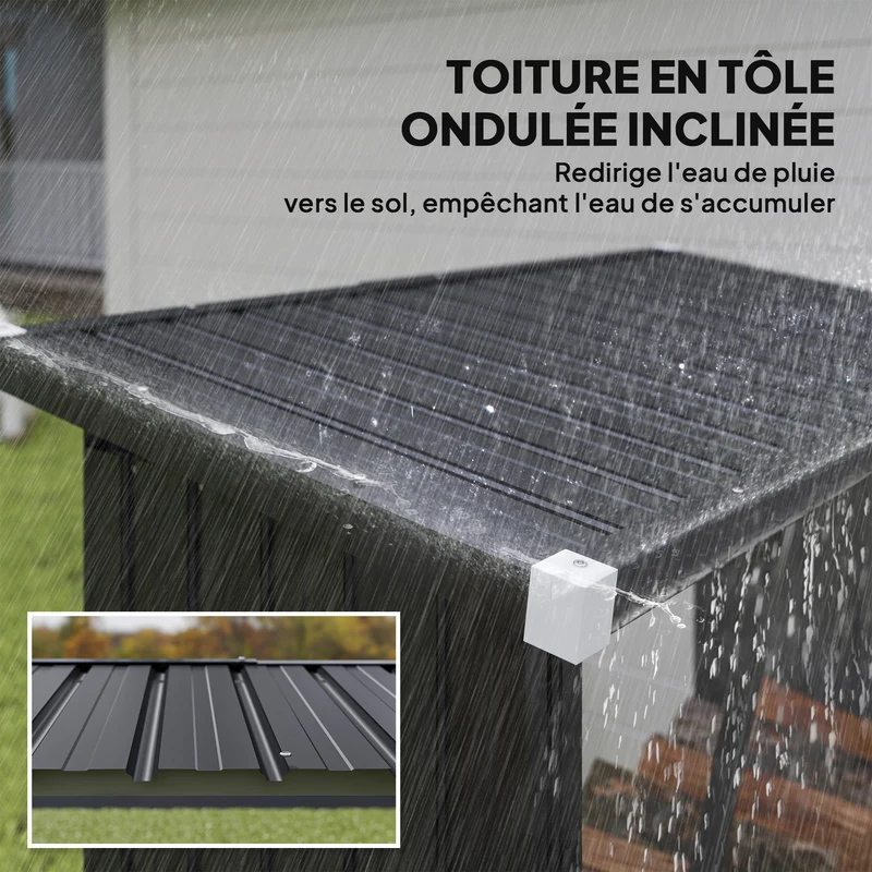 Abri-bûches couvert jardin 150 x 66,5 x 150 cm plancher surélevé toit incliné industriel en acier galvanisé gris foncé 21_0005580