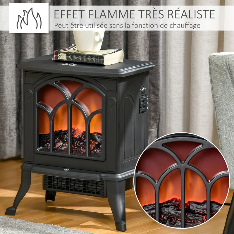 Cheminée électrique sur pied salon 37.3 x 23.1 x 44 cm flammes led chauffage réglable 750 ou 1500 w design en métal noir 21_0001121