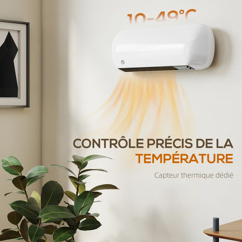 Chauffage mural céramique 50 x 19 x 14 cm thermostat et minuterie hebdomadaire confort moderne scandinave en PP blanc 21_0001148