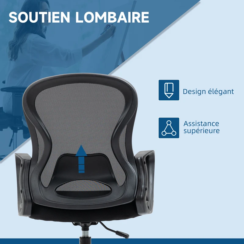 Chaise de bureau assise haute 59 x 65 x 123 cm hauteur réglable soutien lombaire moderne contemporain en maille noir 21_0006235