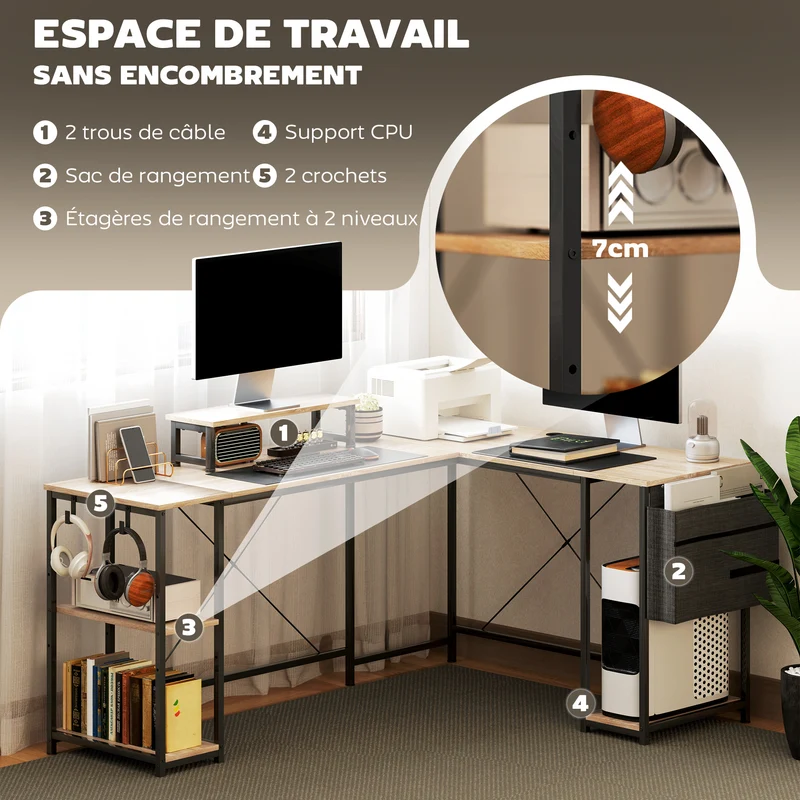 Bureau d'angle compact réversible 168 x 120 x 90 cm support écran style industriel en panneau de particules bois naturel 21_0006136