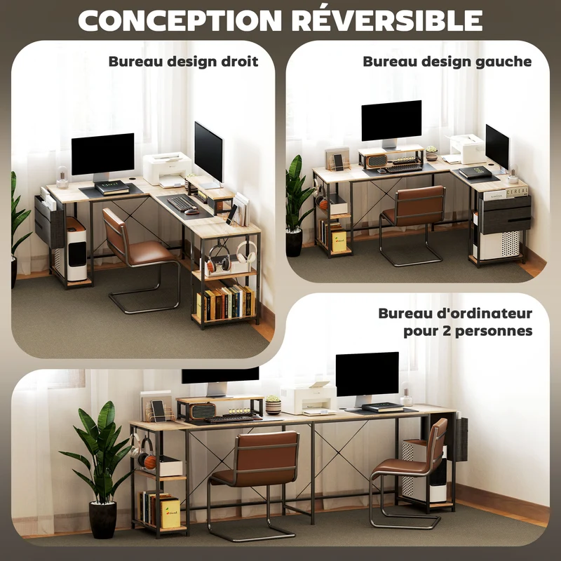 Bureau d'angle compact réversible 168 x 120 x 90 cm support écran style industriel en panneau de particules bois naturel 21_0006136