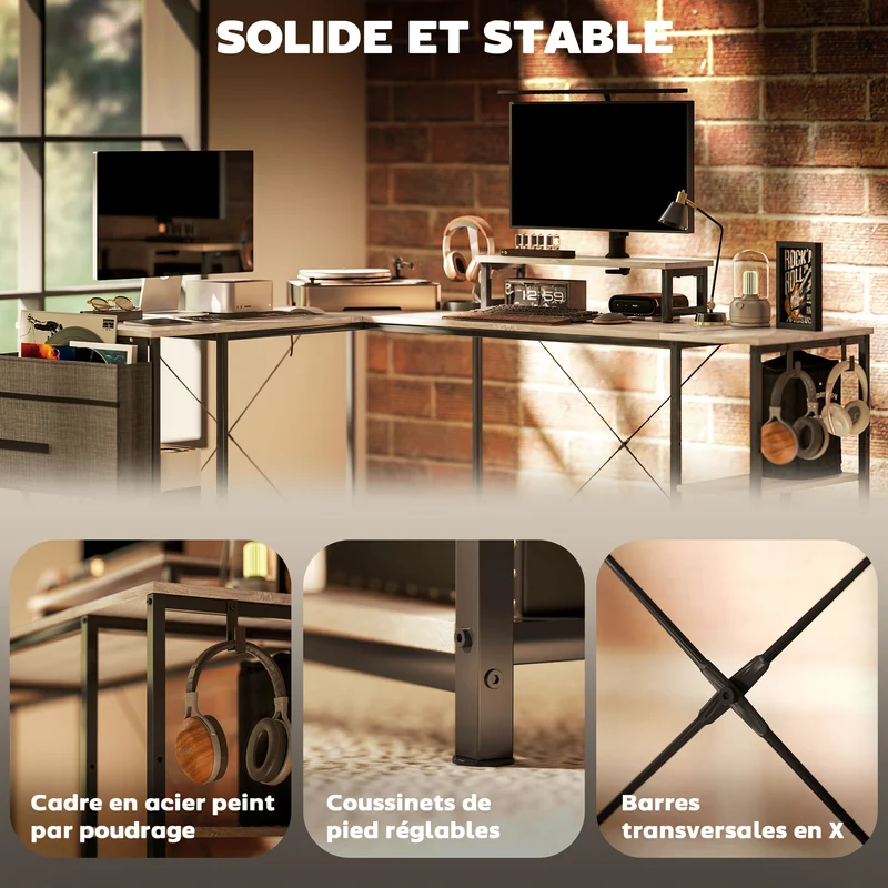 Bureau d'angle compact réversible 168 x 120 x 90 cm support écran style industriel en panneau de particules bois naturel 21_0006136