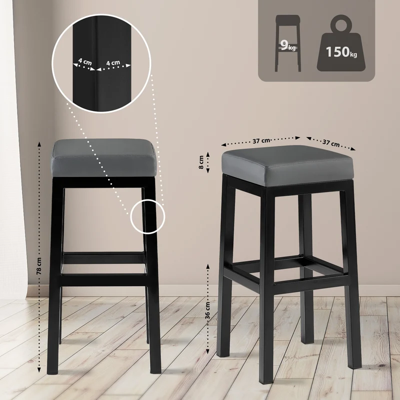 Tabouret de bar x1 assise carrée rembourrée en similicuir gris hauteur d'assise 78 cm structure en métal noir 10_0005992