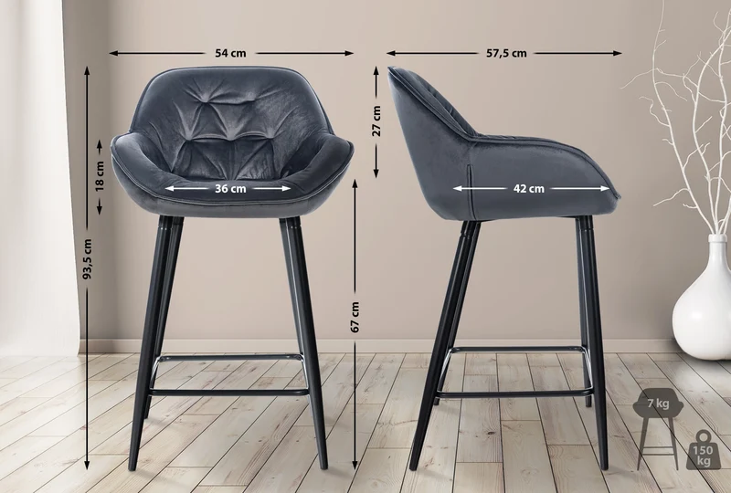 Tabouret de bar chaise haute x1 assise effet capitonnée en velours gris foncé et métal noir 10_0004895
