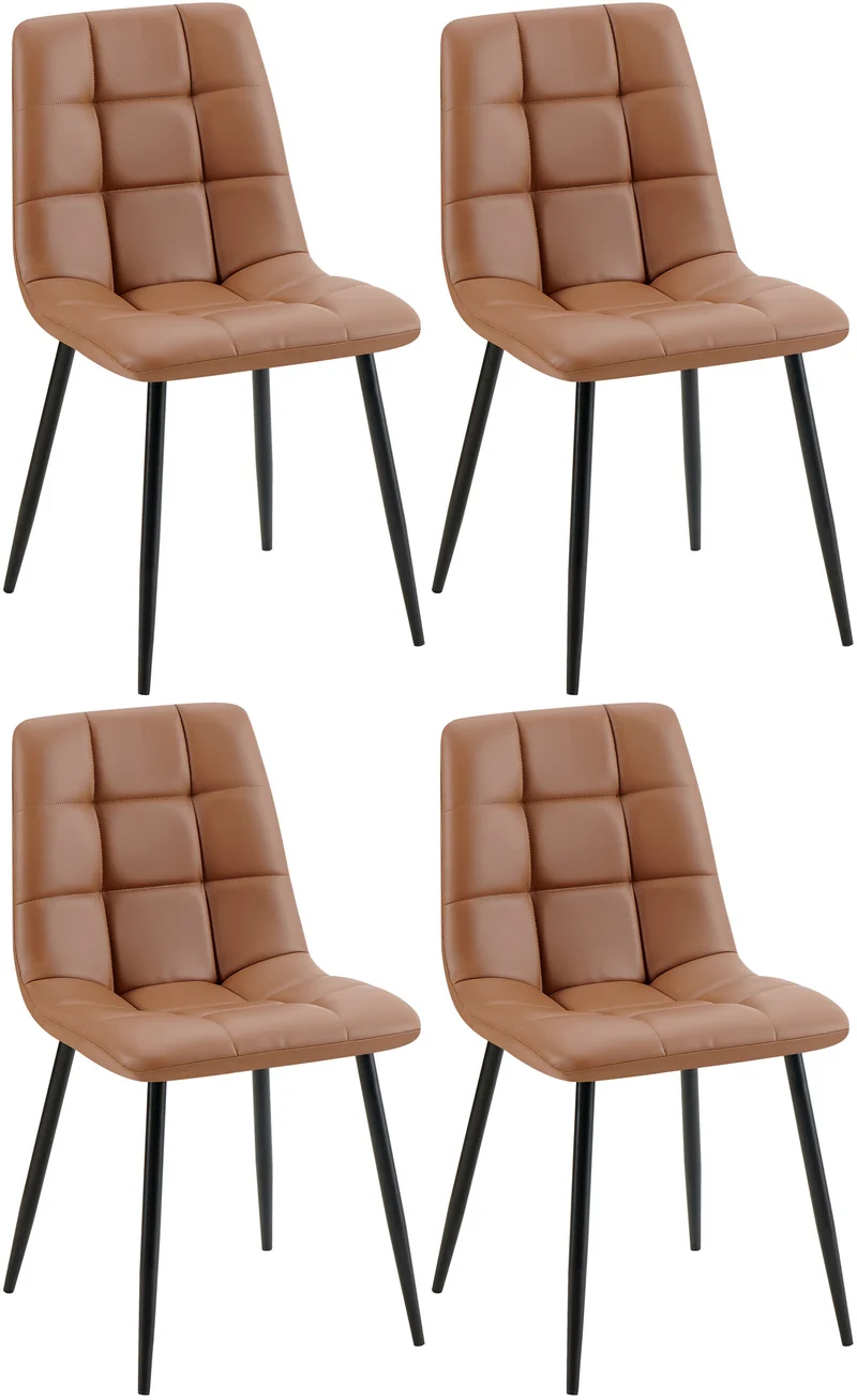 Lot de 4 chaises de salle à manger coutures forme carrées en PVC marron pieds en métal noir 10_0007727