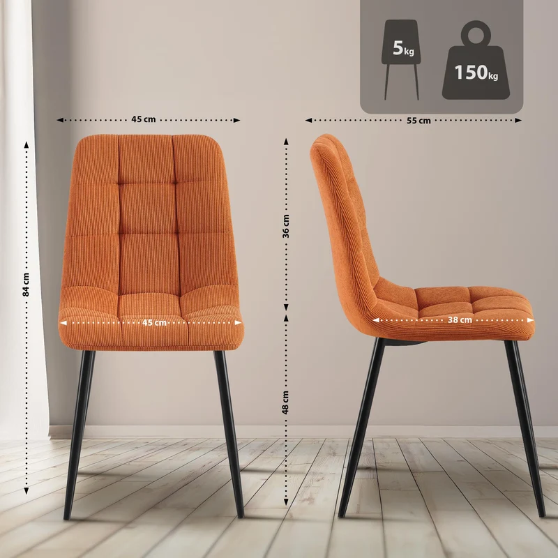 Chaise de salle à manger x1 avec coutures décoratives carrées en velours côtelé orange cadre métal 10_0007407