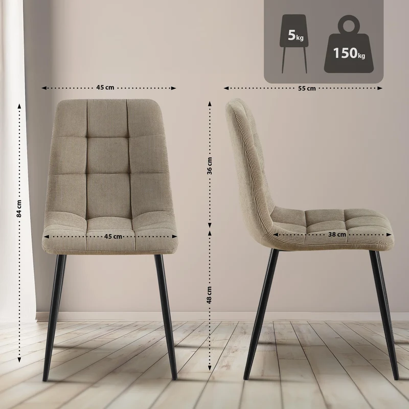 Lot de 4 chaises de salle à manger coutures décoratives carrées en velours côtelé taupe et métal noir 10_0007716