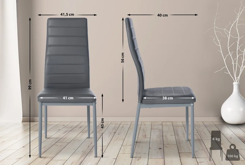 Lot de 4 chaises de salle à manger design simple en synthétique gris avec couture cadre en métal noir CDS10407