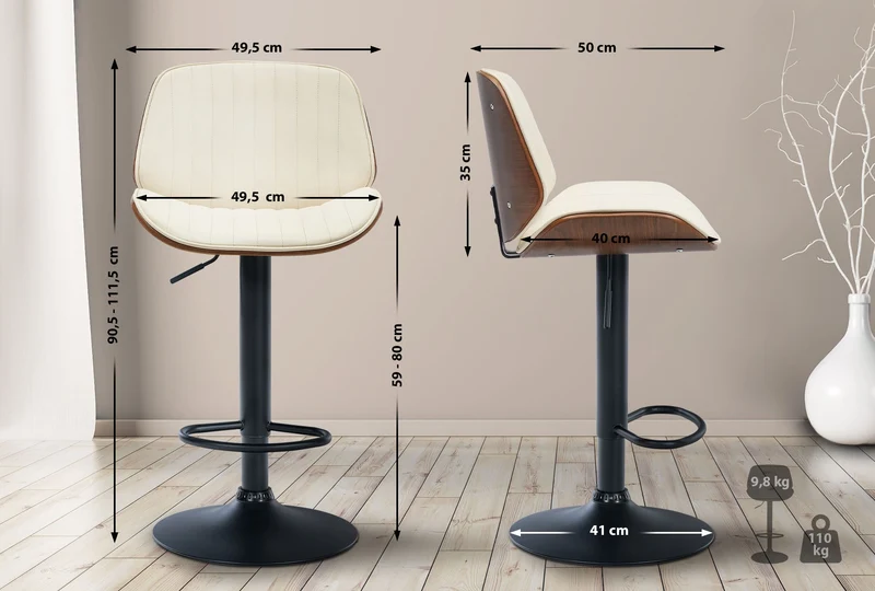Lot de 2 tabourets de bar en similicuir crème avec surpiqûres cadre en bois foncé pieds en métal noir TDB10747
