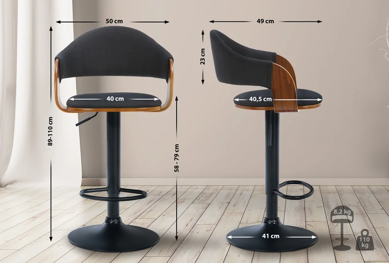 Lot de 2 tabourets de bar design rétro chic assise en tissu noir et bois noyer piètement en métal noir 10_0006710