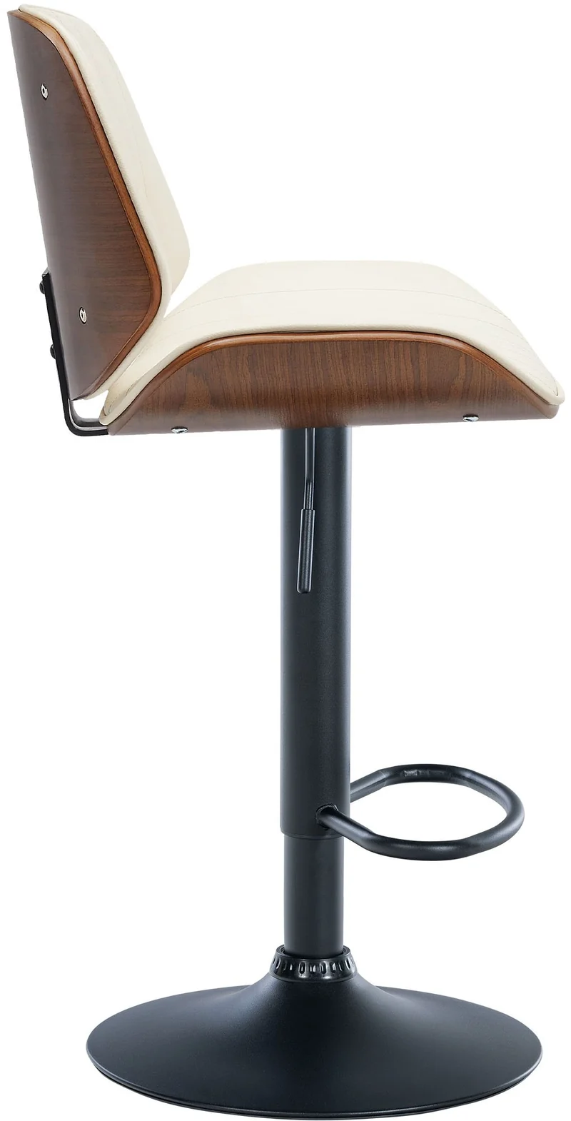 Tabouret de bar design moderne coutures verticales en bois noyer PVC crème et métal noir 10_0005295
