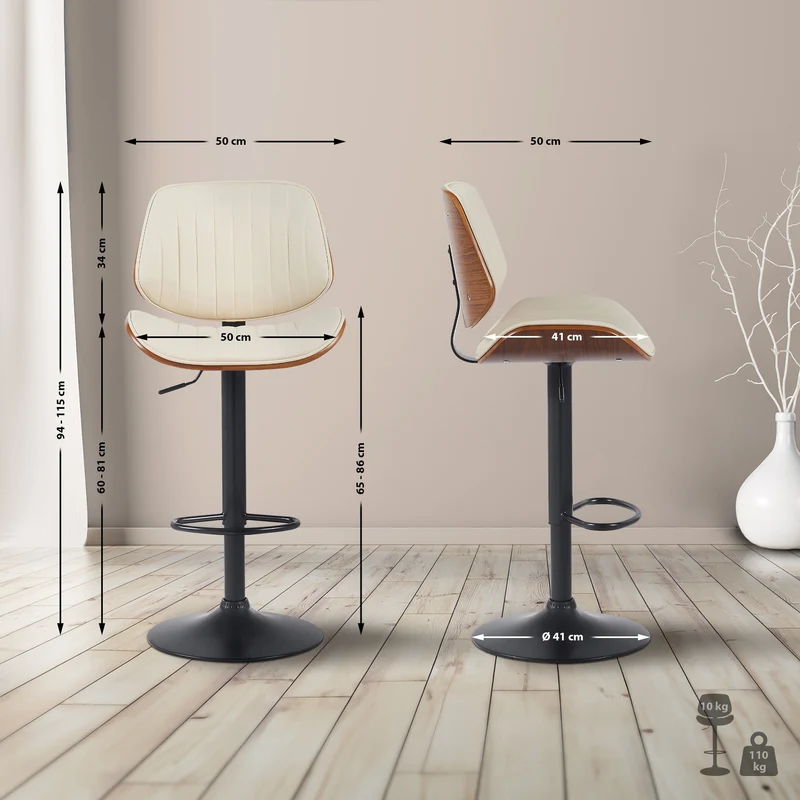 Lot de 2 tabourets de bar style rétro moderne assise en PVC crème bois noyer et cadre métal noir 10_0006687