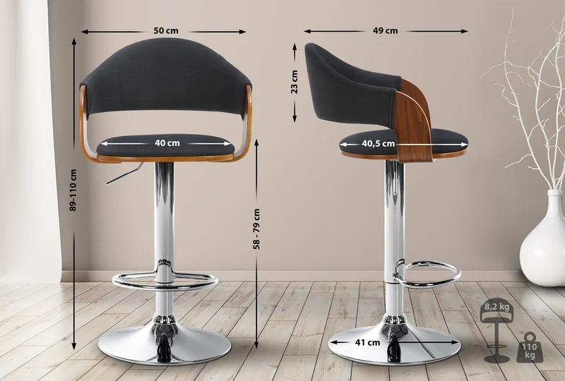 Tabouret de bar design rétro chic assise en tissu noir et bois noyer piètement en métal chromé 10_0005294