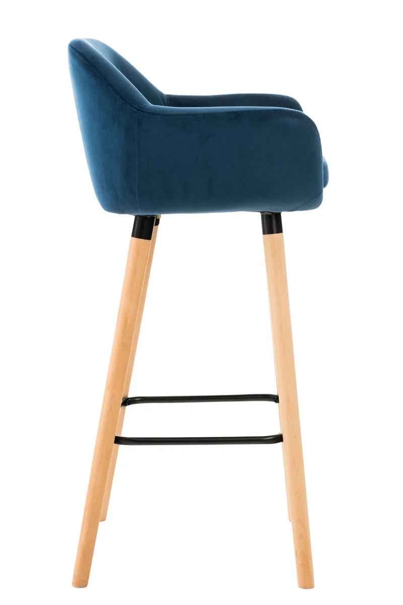 Lot de 2 tabourets de bar en velours bleu pieds en bois avec repose-pieds et accoudoirs style rétro moderne TDB10283