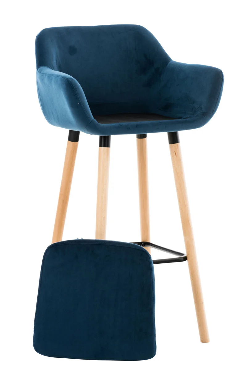 Lot de 2 tabourets de bar en velours bleu pieds en bois avec repose-pieds et accoudoirs style rétro moderne TDB10283