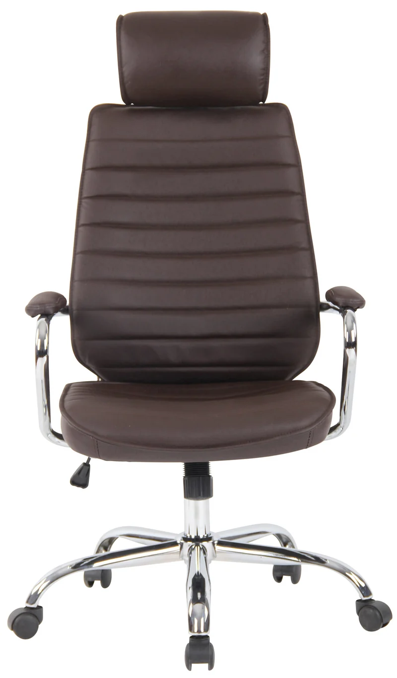 Fauteuil de bureau hauteur réglable pivotant mécanisme de bascule cuir véritable marron et métal chromé 10_0002615