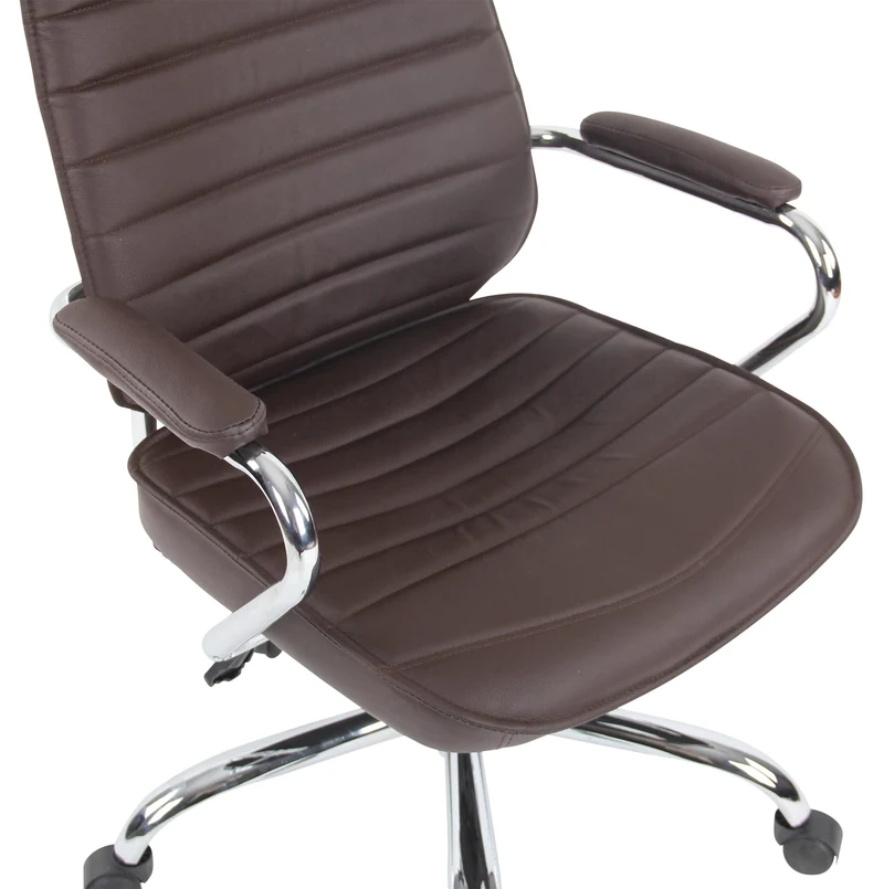 Fauteuil de bureau hauteur réglable pivotant mécanisme de bascule cuir véritable marron et métal chromé 10_0002615