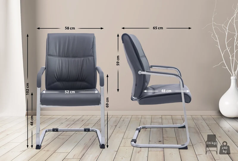 Fauteuil de bureau sans roulettes chaise visiteur sans roulettes jusqu'à 260kg en PVC gris 10_0002773