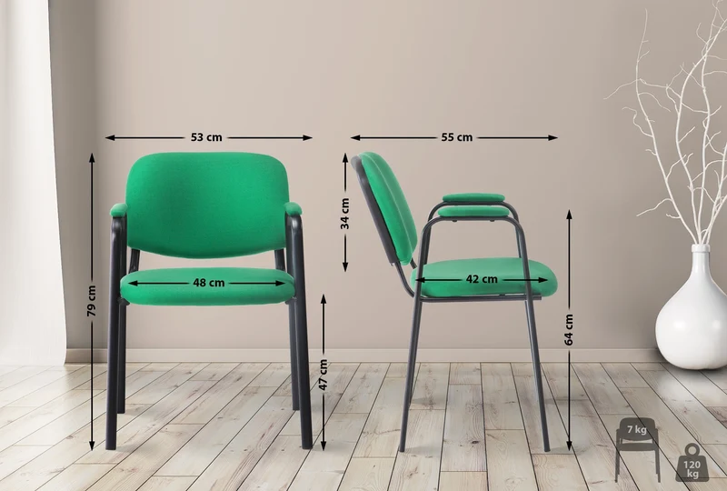 Chaise visiteur avec accoudoirs intégrés zone d'attente en tissu vert piètement à 4 pieds en métal noir 10_0003388