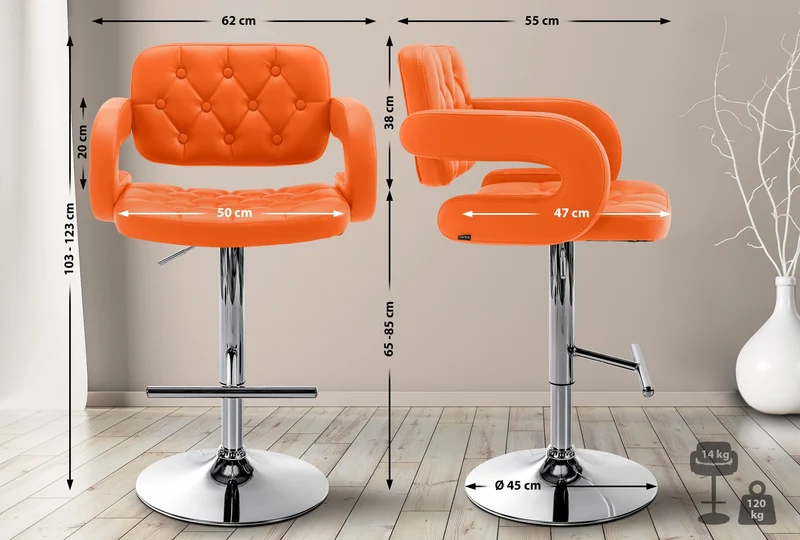 Tabouret de bar x1 design moderne assise capitonnée similicuir orange pied chromé 10_0005957