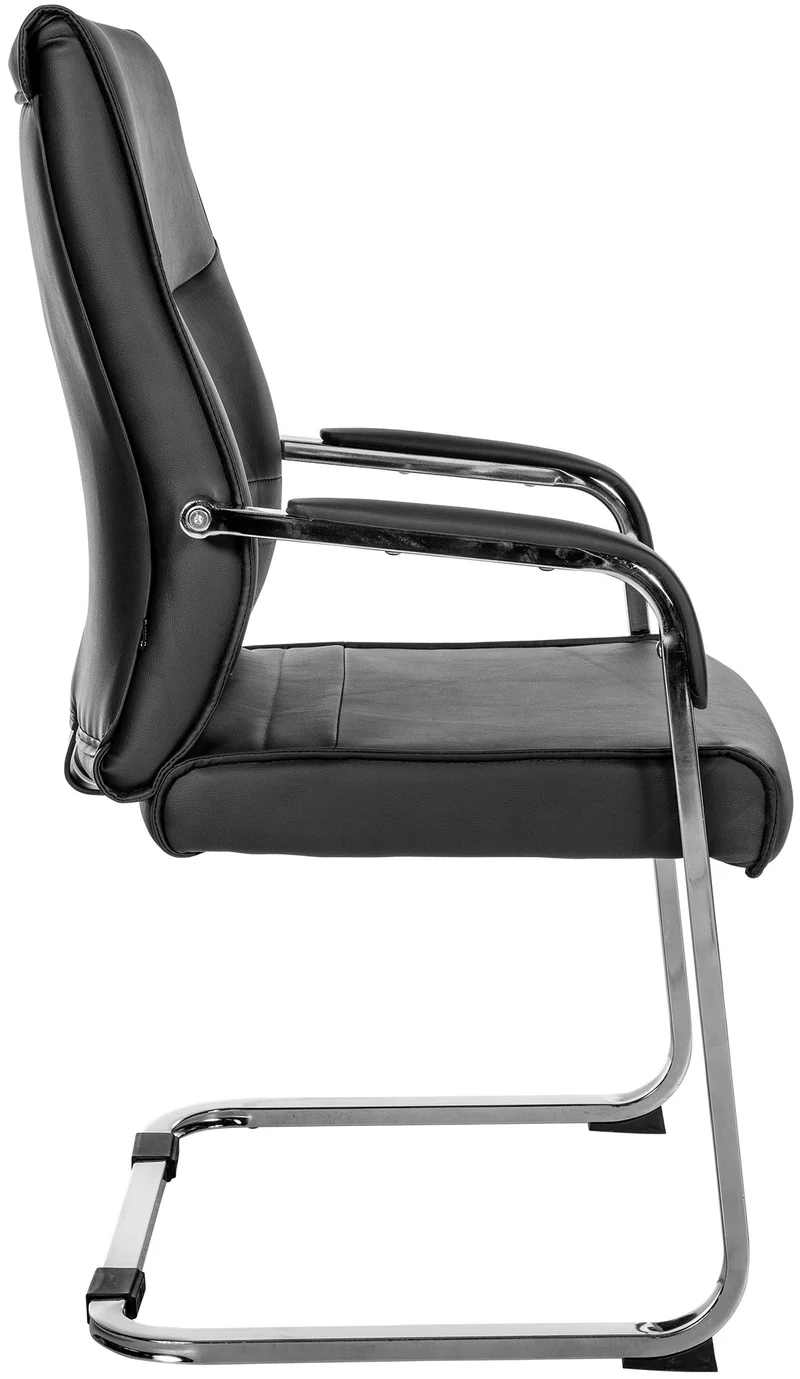 Fauteuil de bureau chaise visiteur sans roulettes piétement luge en métal chromé et assise en PVC noir 10_0003349