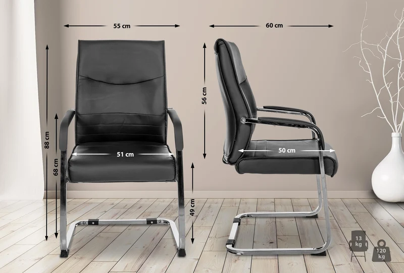 Fauteuil de bureau chaise visiteur sans roulettes piétement luge en métal chromé et assise en PVC noir 10_0003349