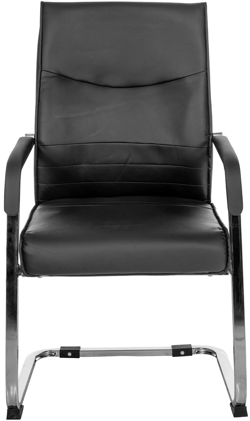 Fauteuil de bureau chaise visiteur sans roulettes piétement luge en métal chromé et assise en PVC noir 10_0003349