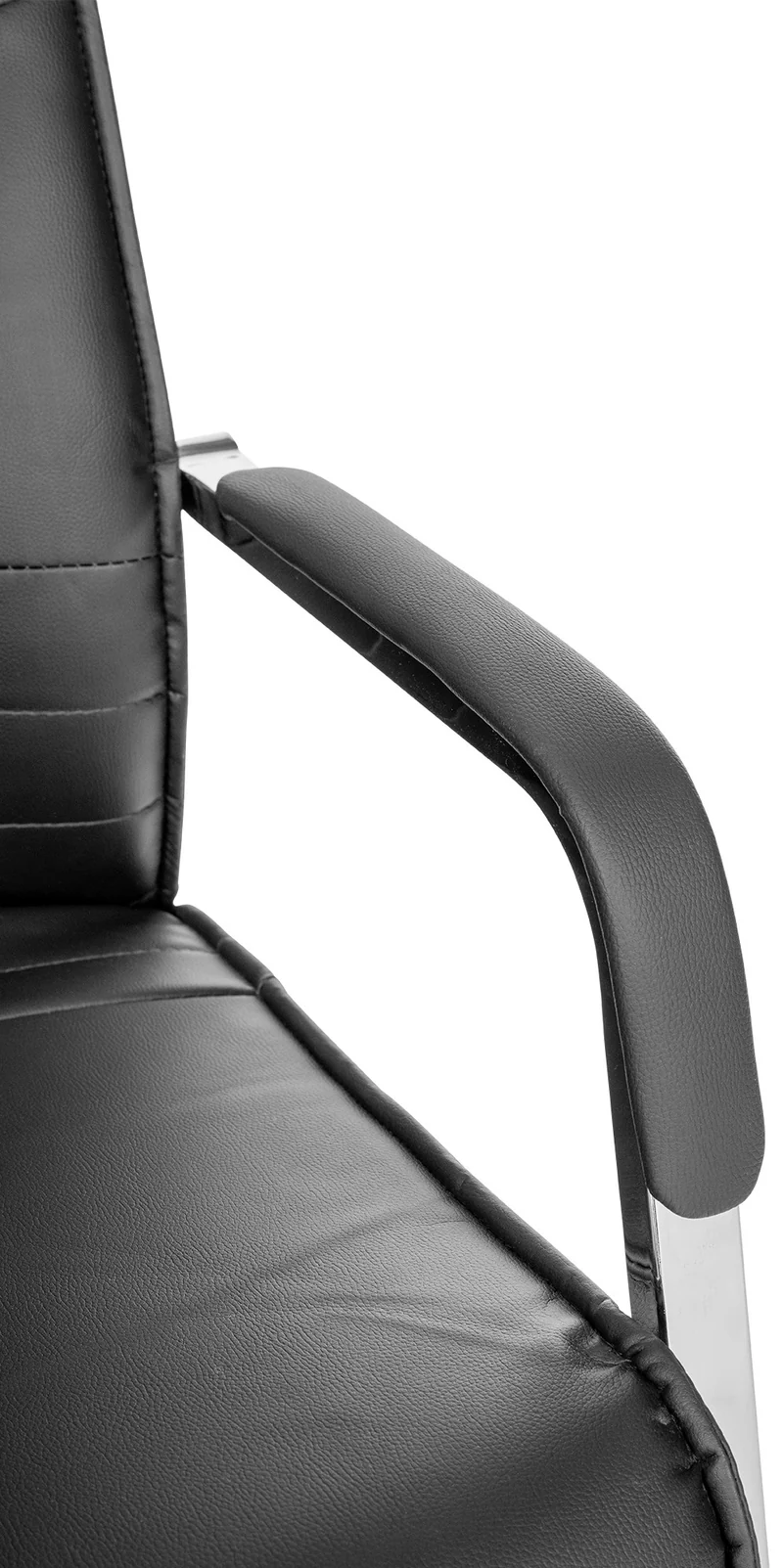 Fauteuil de bureau chaise visiteur sans roulettes piétement luge en métal chromé et assise en PVC noir 10_0003349