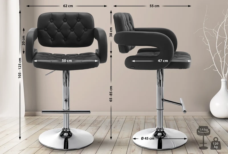 Tabouret de bar x1 avec repose-pied et accoudoirs capitonné en PVC noir support en métal chromé 10_0004789